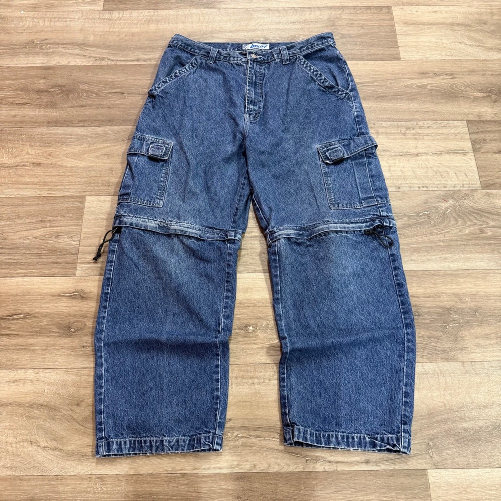 Utility Mens 36x30 Blue Denim Convertible Zip Off Cargo Pants Wide Leg Jeans